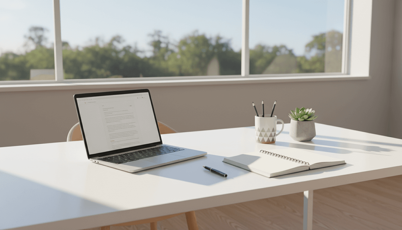 Clean, modern workspace with laptop and notebook on a bright desk